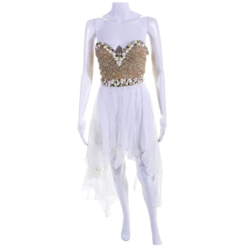 NWT Sherri Hill Dress Size 0 White Gold Rhinestone Crystal Beaded Hi Low Gown